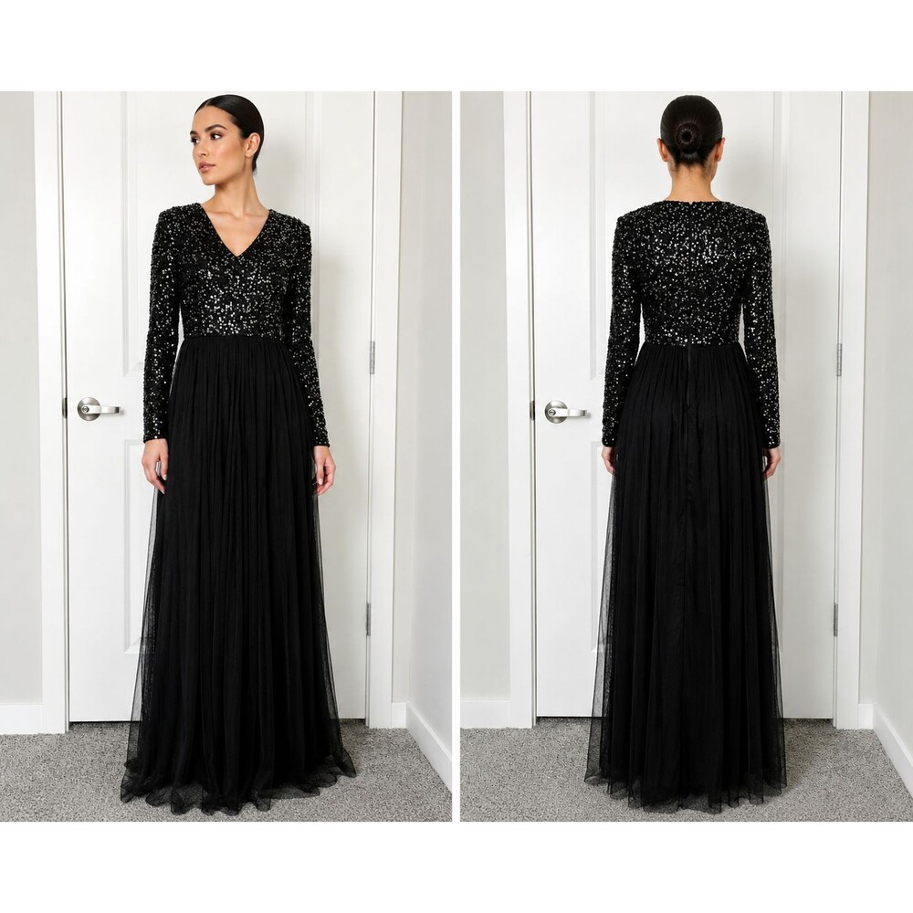 Maya Deluxe US 6 Black Sequin Long Sleeve Tulle Maxi Evening Dress Gown